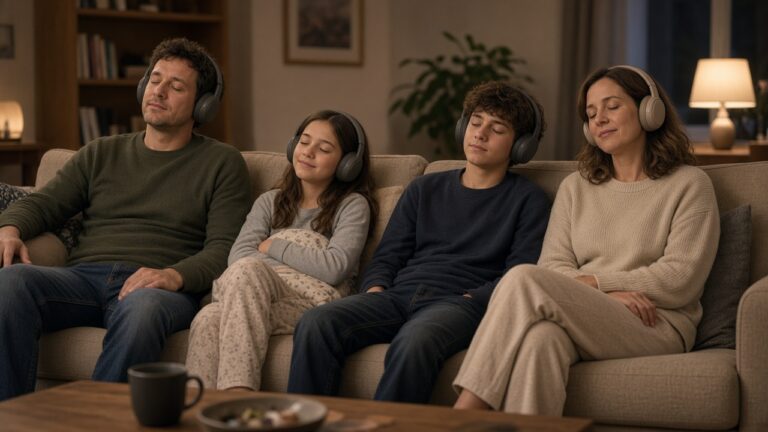Family listening with separate headphones in one living room