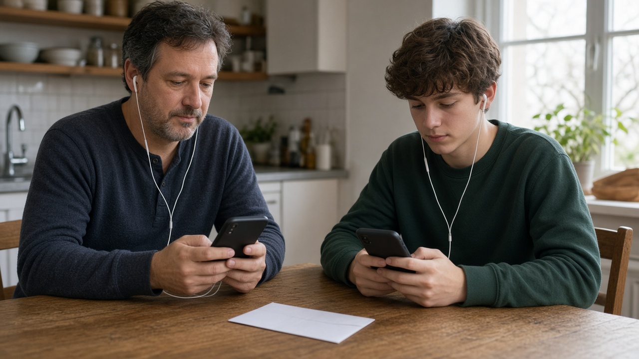 Parent and teenager using their own phones for music